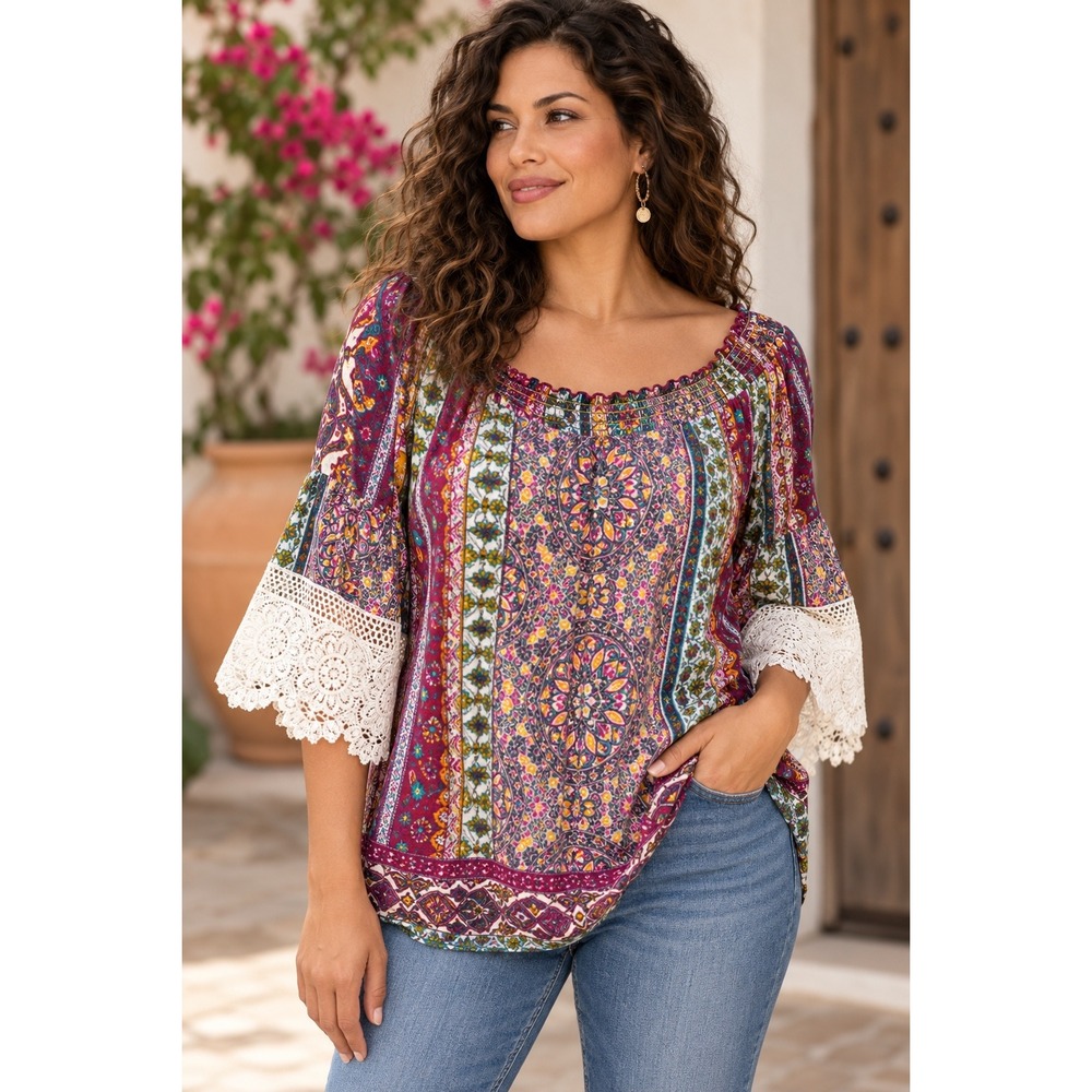 Patrons of Peace Paisley Crochet Bell Sleeve Boho Smocked Top M